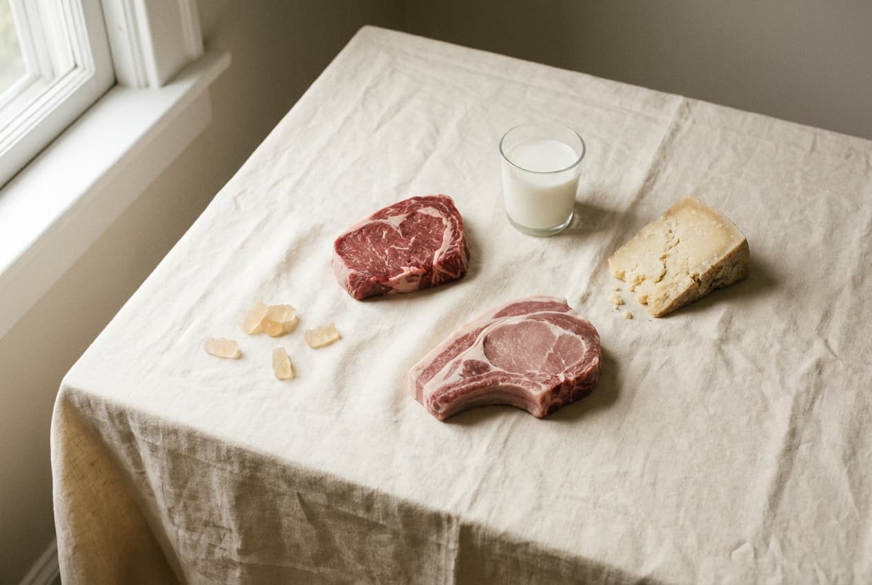 The mammal foods that contain alpha-gal, on a linen table: a beef steak, a bone-in pork chop, a glass of milk, a wedge of aged cheese, and a few gummy candies made with gelatin